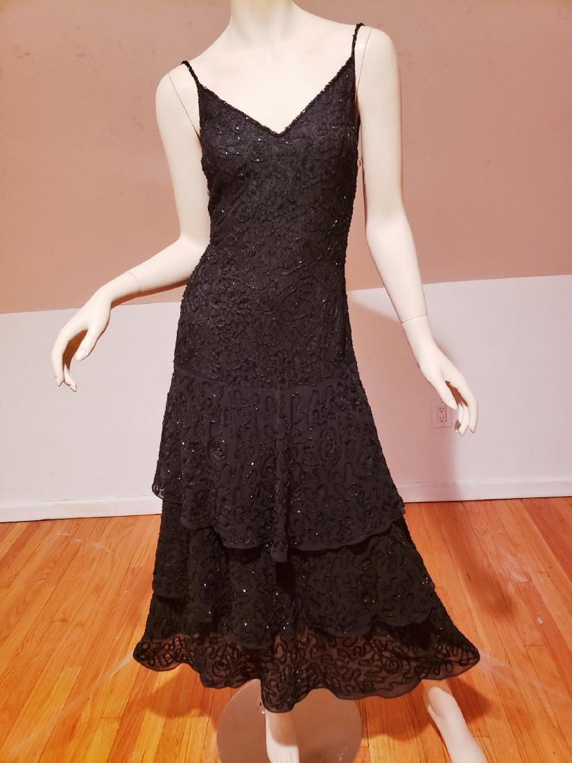 Vtg Mieka Couture Layered fully beaded ribboned maxi: This one is Couture Mieka and what a site it is. Pictures do not capture the beauty that it is. All embroidered onyx black beads on ribbons in a swirl design throughout. There are 3 layers that are fl