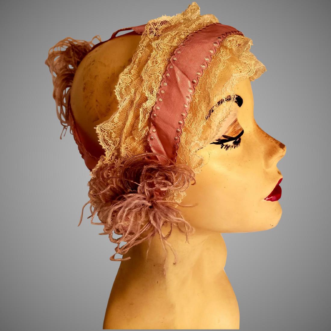 Edwardian silk lace feathers Bedroom Bonnet pink delice: Extremely delicious and beautiful Edwardian open Bedroom Bonnet silk feathers and lace. In very good vintage condition A work of wearable Art Will fit a size M Please note that the StartPrice is equal
