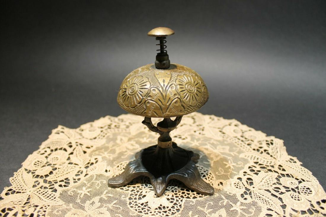 Victorian Brass Iron Hotel Front Desk Service Bell: 5 1/4" Tall x 3 1/2" Wide Well made functional reproduction brass desk or table bell. Such a great really loud bell for that decorative finishing touch! Reserve: $30.00 Shipping: Domestic: Flat-rate o