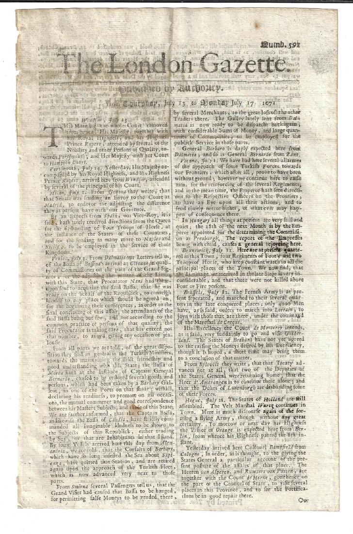 1671 London Gazette Newspaper Turks Russia (1 of 2)