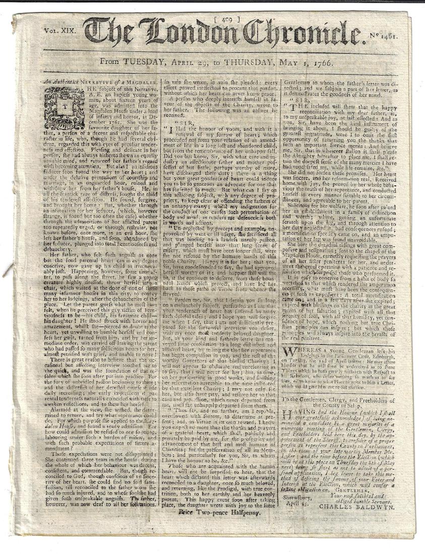 1766 London Chronicle India News: The April 29-May 1, 1766 issue of The London Chronicle, published by John Wilkie, eight pages complete, Interesting content including an article from Calcutta on affairs in India. Advertisements as we