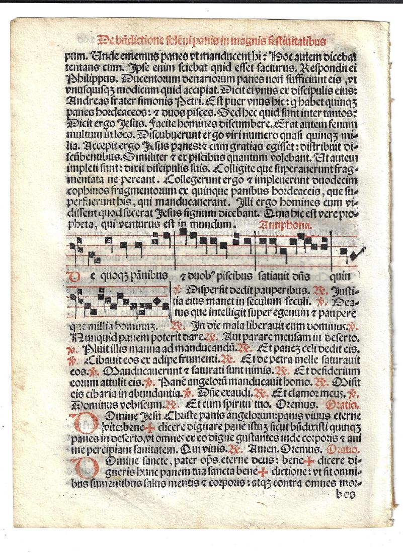 1567 Catholic Prayerbook Leaf Music: 1567 Catholic hymnal leaf printed in red and black, with a bar of music, from “Sacerdotal ad Consuetudinem Sacro Sancte…”, printed at Venice by Petri Liechtenstein. Fine, measures 6 x 8.5”. Re