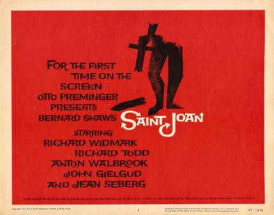 SAINT JOAN (1957) SAUL BASS 11 X 14" TITLE LOBBY CARD: Vintage original 11 x 14? (28 x 35 cm.) title lobby card, USA, Jean Seberg, Richard Widmark, Richard Todd, John Gielgud, dir Otto Preminger; United Artists. A truly spectacular presentation of Saul