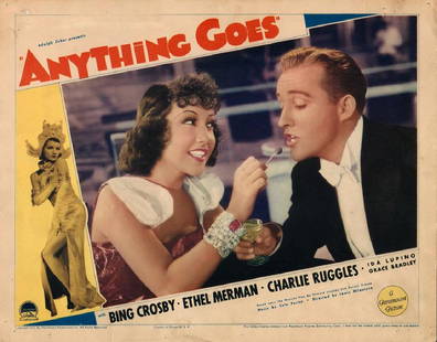 ANYTHING GOES (1934) LOBBY CARD ETHEL MERMAN/COLE: Vintage original 11 x 14? (28 x 35 cm.) lobby card, USA. Bing Crosby, Ethel Merman, Charles Ruggles, Ida Lupino, dir: Lewis Milestone, Paramount. Ethel Merman wears quite the baubles as she feeds