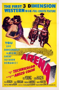 ARENA (1953) ONE SHEET 41 X 27" MGM POSTER 1ST WESTERN: Vintage original 41 x 27? (104 x 69?) one sheet poster, USA. Gig Young, Jean Hagen, Polly Bergen, dir: Richard Fleischer; MGM. Promoted by MGM as the first 3-D Western, this poster, appropriately,