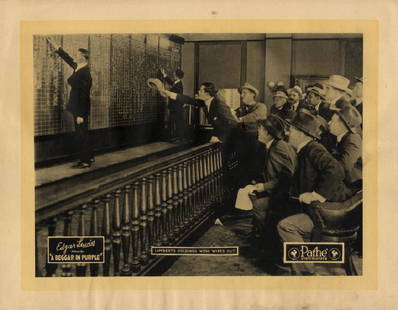 BEGGAR IN PURPLE (1920) VERY EARLY LOBBY CARD TO SHOW: Vintage original 11 x 14? (28 x 35 cm.) lobby card, USA. Lee Shumway, Charles Arling, Stanhope Wheatcroft. Betty Brice, Ruth King, dir: Edgar Lewis; Pathé. A fascinating image of the stock exchange