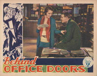 BEHIND OFFICE DOORS (1931) ART DECO PRE-CODE LOBBY: Vintage original 11 x 14? (28 x 35 cm.) lobby card, USA. Mary Astor, Robert Ames, Ricardo Cortez, dir: Melville W. Brown, RKO. Wonderful Pre-Code image of Mary Astor and Robert Ames in a flirtatious