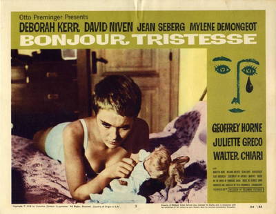 BONJOUR TRISTESSE (1958) 8 LOBBY CARDS JEAN SEBERG/SAUL: Set of eight (8) vintage original 11 x 14? (28 x 35 cm.) lobby cards, USA. Deborah Kerr, David Niven, Jean Seberg, Mylene Demongeot, Geoffrey Horne, Juliette Greco, dir: Otto Preminger; Columbia. One