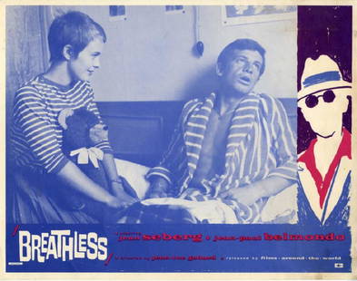 BREATHLESS (1960) LOBBY CARD GODARD/JEAN: Vintage original 11 x 14? (28 x 35 cm.) lobby card, USA. Jean Seberg, Jean-Paul Belmondo, Henri-Jacques Huet, Lilliane Dreyfus, dir: Jean-Luc Goddard; Les Productions Georges de Beauregard/SNC. Card