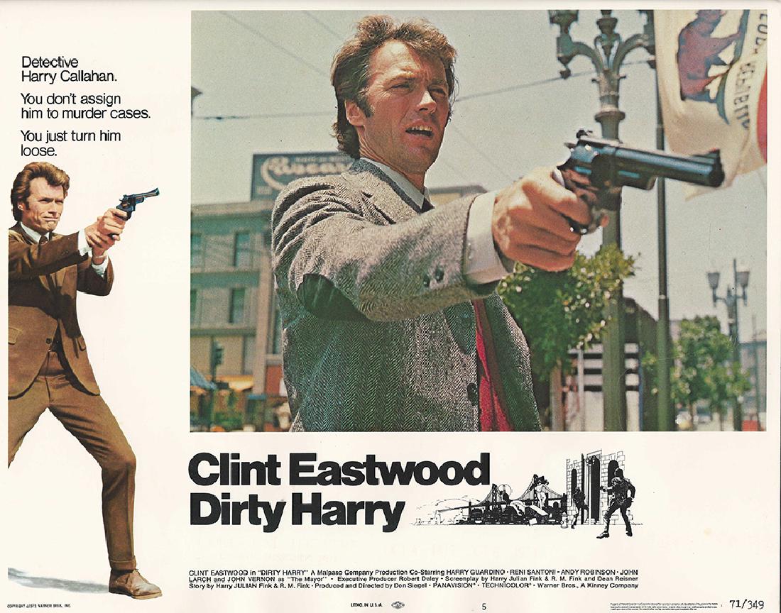 DIRTY HARRY (1971) LOBBY CARD EASTWOOD GUN IN HAND: Vintage original 11 x 14” (28 x 35 cm.) lobby card Number 5, USA. Clint Eastwood, Andrew Robinson, John Vernon, Reni Santoni, Harry Guardino, dir: Don Siegel; Warner Brothers. The now classic crime 