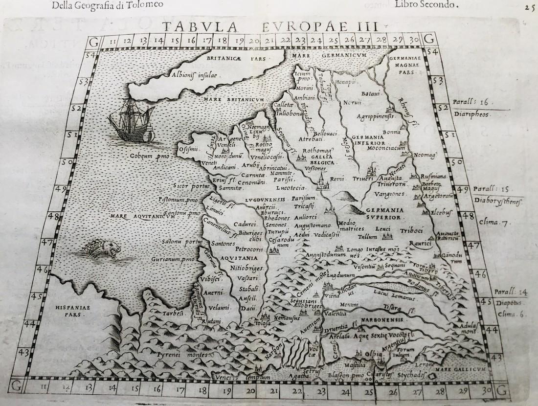 Ancient France (Gaul) with sea monster: Title/Content of Map: Ancient France (Gaul) with sea monster Date: 1598/99 Cartographer: By Ruscelli Size: 11x9” Provenance: Venice Additional Info: Geography of Claudius Ptolemy of Alexandria Egypt