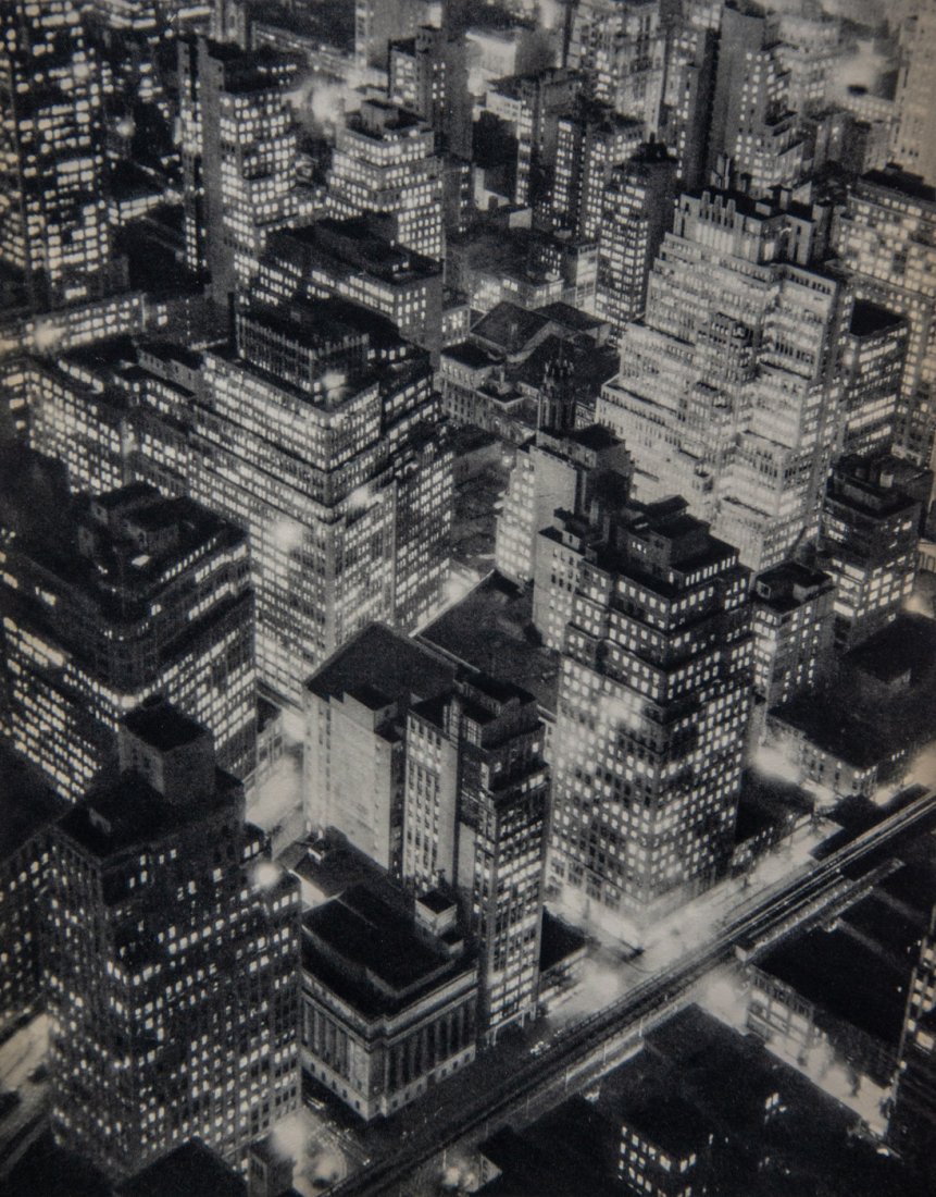 BERENICE ABBOTT - New York at Night: Artist: Berenice Abbott Title: New York at Night Medium: Sheet Fed Gravure, 1935, USA Dimensions: 8.35x10.5" Heat Wax Mounted on 12x16" Conservation Board Berenice Abbot, originally named Bernice Abbo