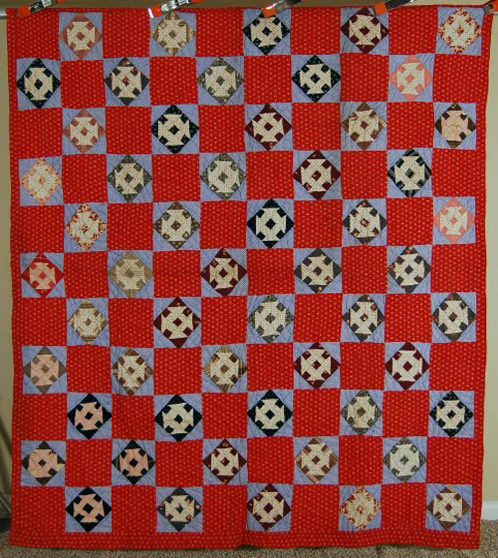 1880's Vintage Churn Dash Monkey Wrench Antique Quilt: VIBRANT 1880's Vintage Churn Dash Monkey Wrench Antique Quilt ~NICE RED! This VIBRANT cotton 1880's churn dash/monkey wrench quilt is hand pieced and hand quilted, with a wonderful red background. The