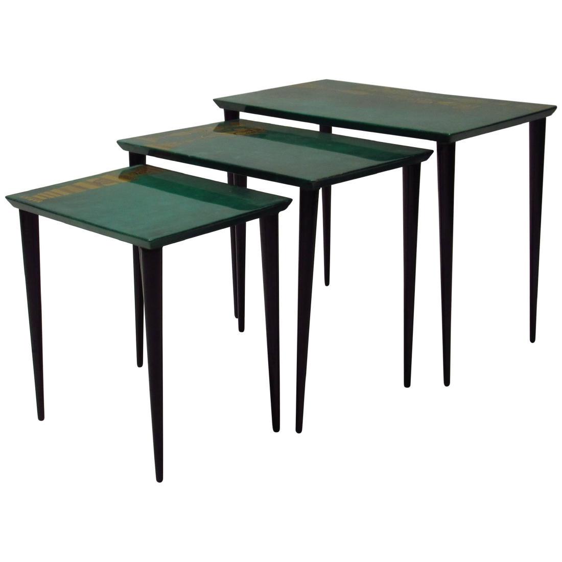 Aldo Tura Nesting Tables in Emerald Green Goatskin,: Title:Aldo Tura Nesting Tables in Emerald Green Goatskin, Italy, 1950s Additional Information:Aldo Tura Nesting Tables in Emerald Green Goatskin, Italy, 1950s. Aldo Tura’s sense of humor and playful