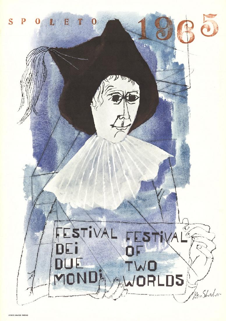 Spoleto Festival-Ben Shahn: Title: Spoleto Festival Artist: Ben Shahn Description:"Spoleto Festival" by Ben Shahn, 1965 Unsigned Offset Lithograph. Paper size is 39.25 x 27.5 inches, with an image size of 39.25 x 27.5 inches. Th