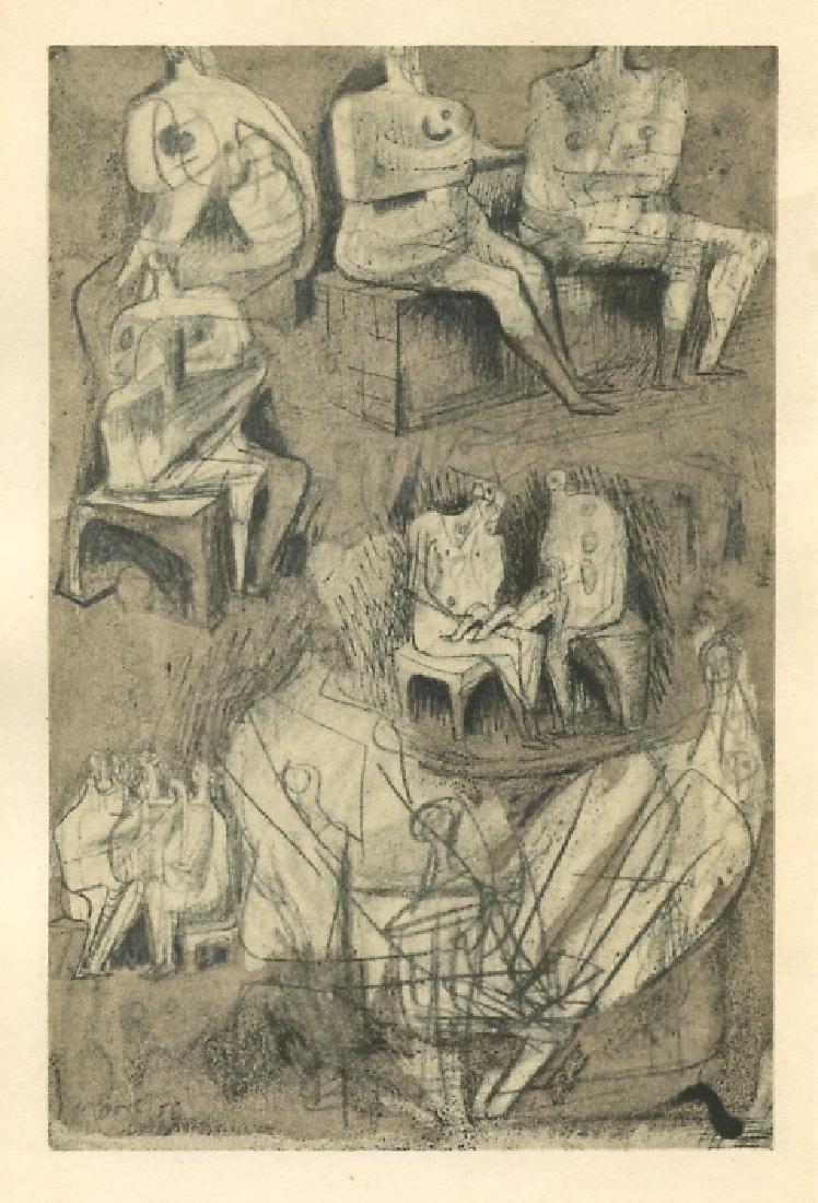Henry Moore pochoir "Etude pour une sculpture": Study for a Sculpture Medium: pochoir (after the drawing). Printed in Paris by the atelier of Daniel Jacomet, and published in 1957 by Berggruen for a rare catalogue. The image measures 5 7/8 x 3 7/8