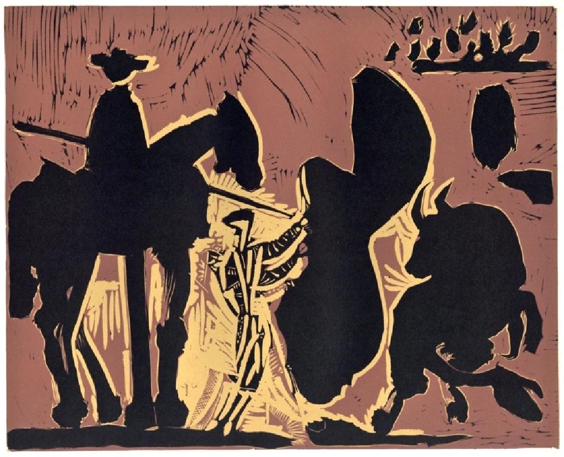 Pablo Picasso linocut "Before the Goading of the Bull": Medium: linocut re-creation (after the original Picasso linocut). Picasso started making linoleum cuts during the late 1950's and the originals were issued by Galerie Louise Leiris in signed editions 