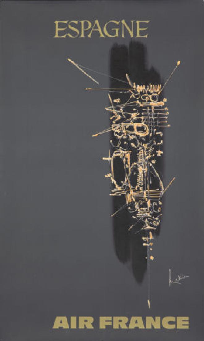 Original Vintage Poster Air France Travel Mathieu Spain: This is an ORIGINAL FIRST PRINTING of this poster by Georges Mathieu. It measures approximately 24 x 39 inches, and is in A- (slight tears at left edge) condition. Reserve: $300.00 Shipping: Domestic: