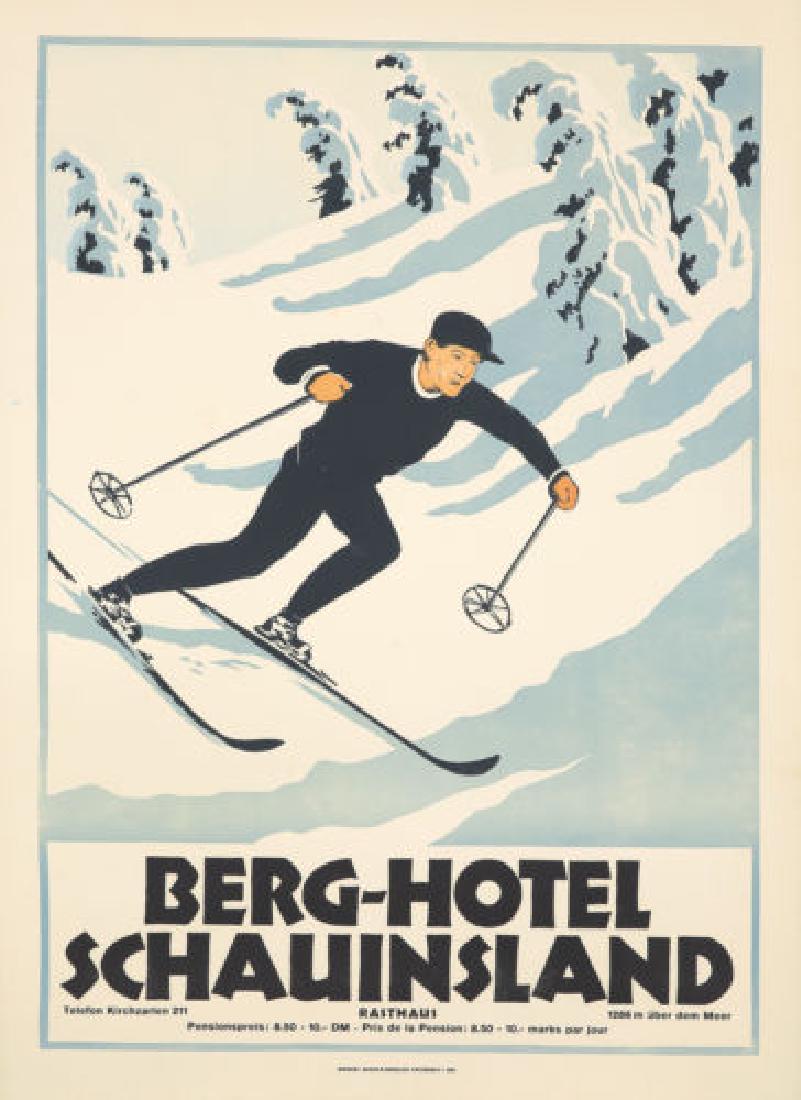 Original Vintage Poster Winter Sport Ski Travel German: This is an ORIGINAL FIRST PRINTING of this poster. A skiier schusses down slopes fairly glopped with a heaping of storm-blown powder in the Black Forest mountains. This is one of the most accomplished