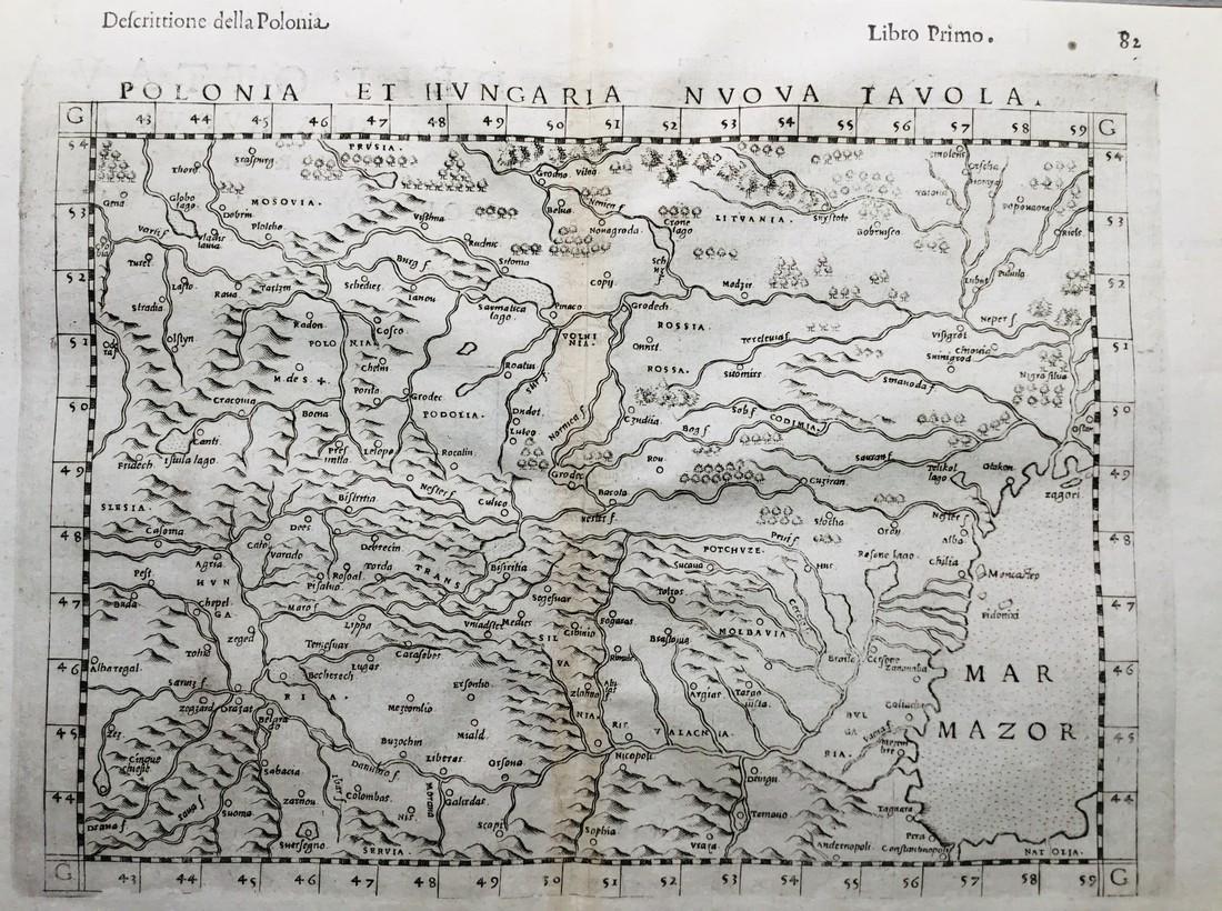 Poland, Hungary, with parts Moldavia, Belarus, Ukraine: Title/Content of Map: Poland, Hungary, with parts Moldavia, Belarus, Ukraine Date: 1598/99 Cartographer: By Ruscelli Size: 11x9” Provenance: Venice Reserve: $75.00 Shipping: Domestic: Free shipping 