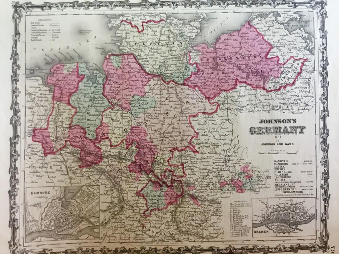 Germany (1) north and east.: Title/Content of Map: Germany (1) north and east. Date: 1863 Cartographer: By Johnson & Ward. From, Johnson’s New Illustrated Family Atlas Size: 18 x 13 3/4” Provenance: New York Additional Info: 