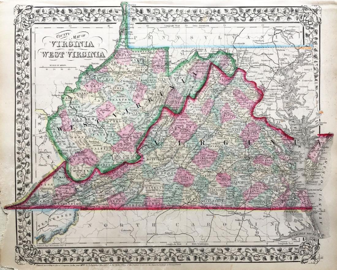 Mitchell: County Map of Virginia and West Virginia: Map Title: County Map of Virginia and West Virginia Cartographer: S. A. Mitchell Place / Date: Philadelphia / 1870 Size: 14" x 11 5/8" Condition: full color; light overall age toning; tears and frayin