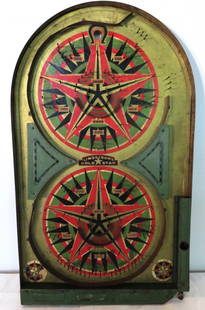 Early Pinball Game: Title: Early Pinball GameDate/Period: Dimension: 24” x 14”Provenance:Lindstroms Gold Star, Lindstrom Tool & Toy Co., Bridgeport, Conn., pat 1934, excellent graphics, staining to back instruction