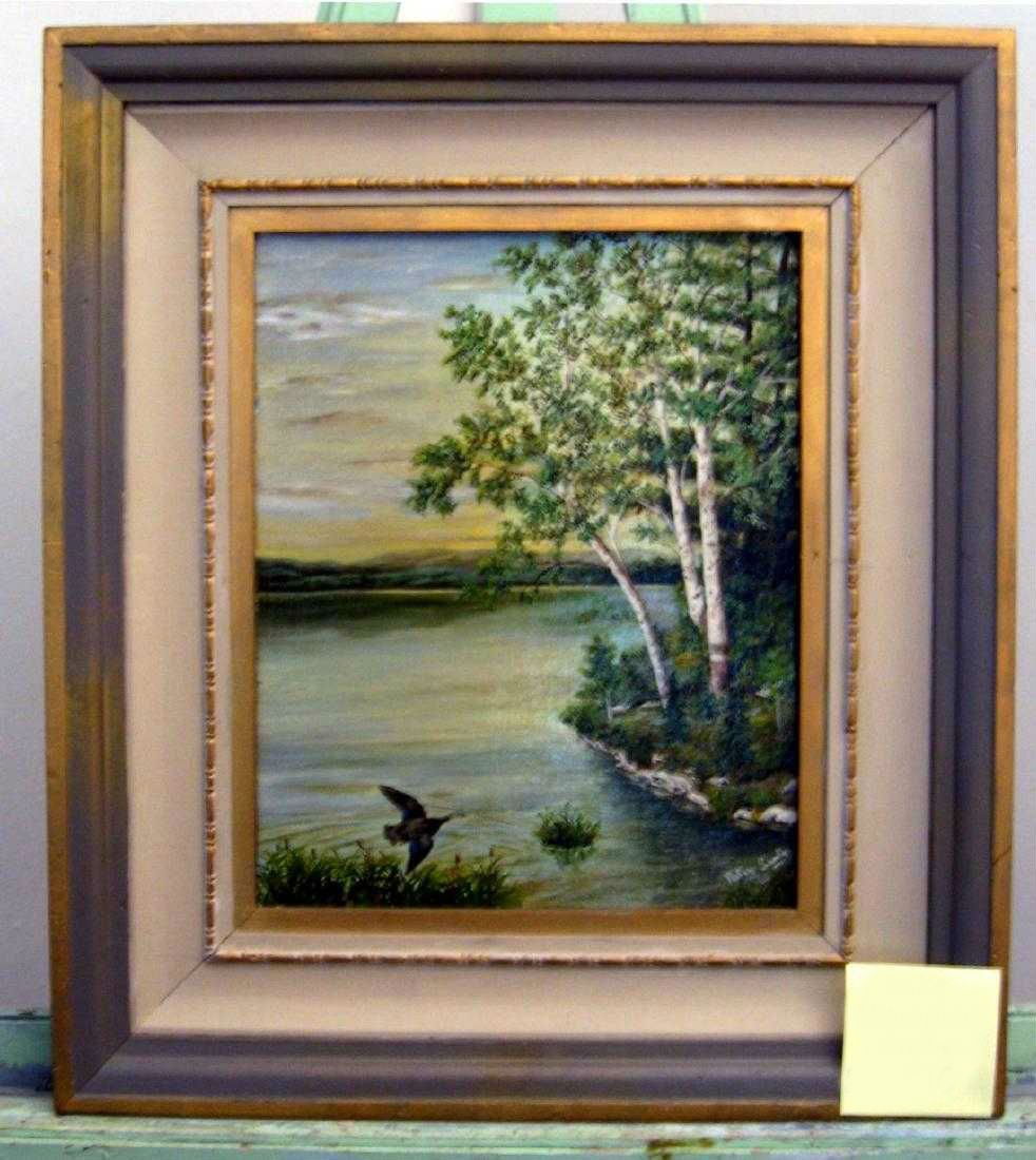 Patsy Santo: Summer: Lake Champlain with birches: No Reserve! Title: Summer: Lake Champlain with birches Artist: Patsy Santo Date: Approx.1945 Medium: Oil on canvass Size/Format: 14 x18 Additional Information: Summer: Lake Champlain with birches Ship