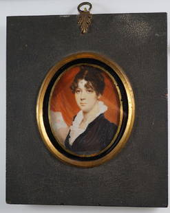 Rare and Superb Robert Field Portrait Miniature c1805: A wonderful watercolor on natural wafer, painted by Robert Field. The sitter, a very pretty young woman with brown hair and eyes, is posed in front of a red drapery, and is wearing a black jacket over