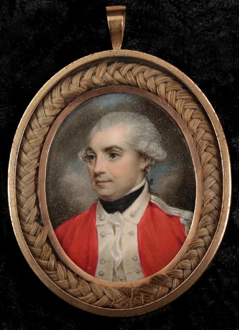 A Fine Samuel Shelley Miniature Painting of an Officer: Painted by Samuel Shelley, this is a beautifully limned portrait miniature of a British officer. The epaulette being on the left shoulder, instead of on the more usual right, indicates that the sitter