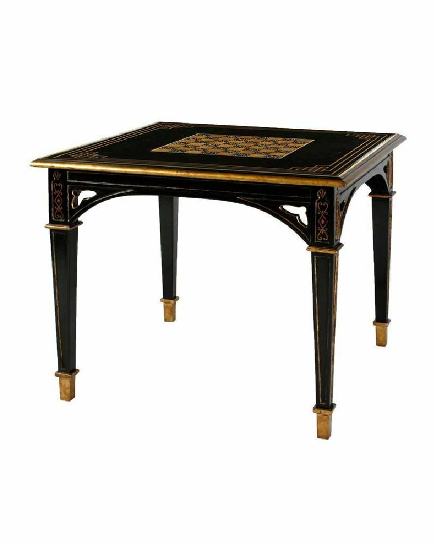 Black & Gold Gothic Designer Game Table by Charles: Black & Gold Gothic Designer Game Table by Charles Pollock Dimensions: 36?W × 36?D × 39?H Period: 2010's Place of Origin: North America Materials: Giltwood, Gold, Lacquer Condition: Good Condition,