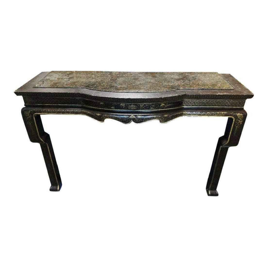 Black & Gold Chinoiserie Console Table W Granite Inlaid: Black & Gold Chinoiserie Console Table W Granite Inlaid Top by Charles Pollock Dimensions: 54?W × 18.5?D × 33.5?H Period: 2010's Place of Origin: North America Materials: Granite, Lacquer Condition: