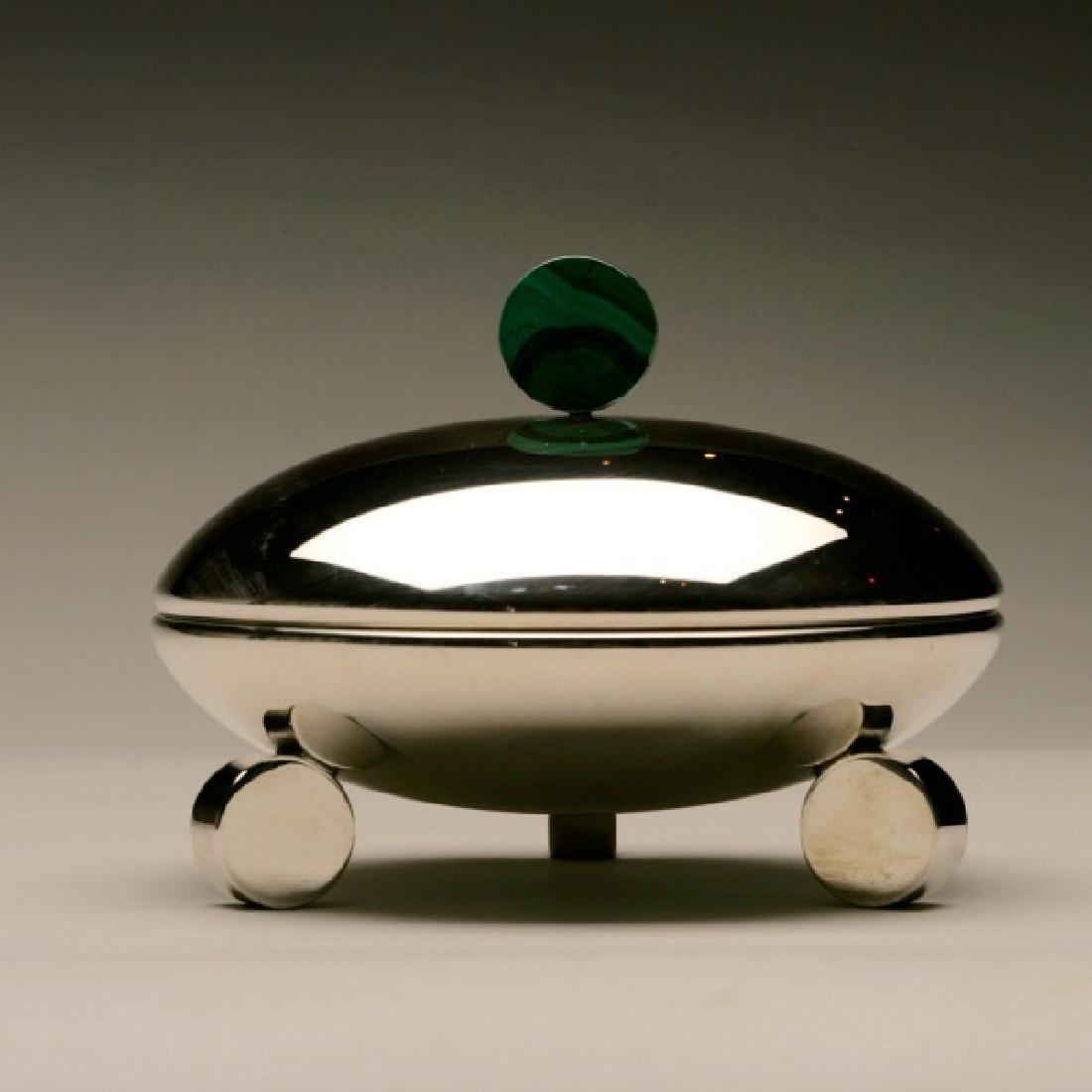 Art Deco Sterling Silver Covered Dish With Malachite: Art Deco Sterling Silver Covered Dish With Malachite Finial. Highly decorative. Circular feet and finial. Heavy gauge sterling silver. Perfect for serving bonbons. Designer: Maker: Design #: N/A Circa