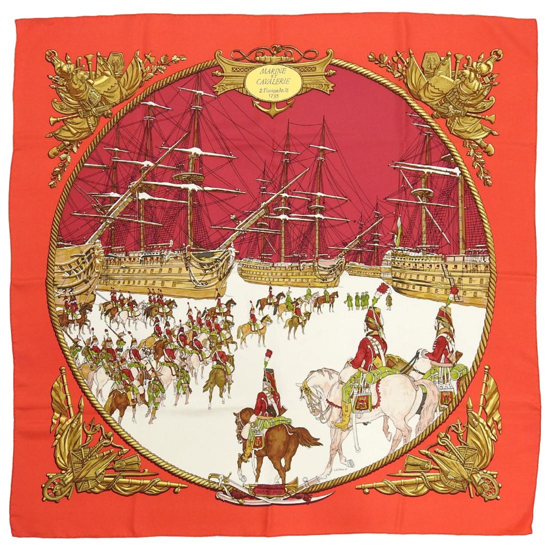 Hermes Marine et Cavalerie Brick Red 90cm Silk Scarf: Title: Hermes Marine et Cavalerie Brick Red 90cm Silk Scarf Description: Hermes Marine et Cavalerie Brick Red 90cm Silk Scarf. Design features military ships, cavalry and crests in brick red, terra co