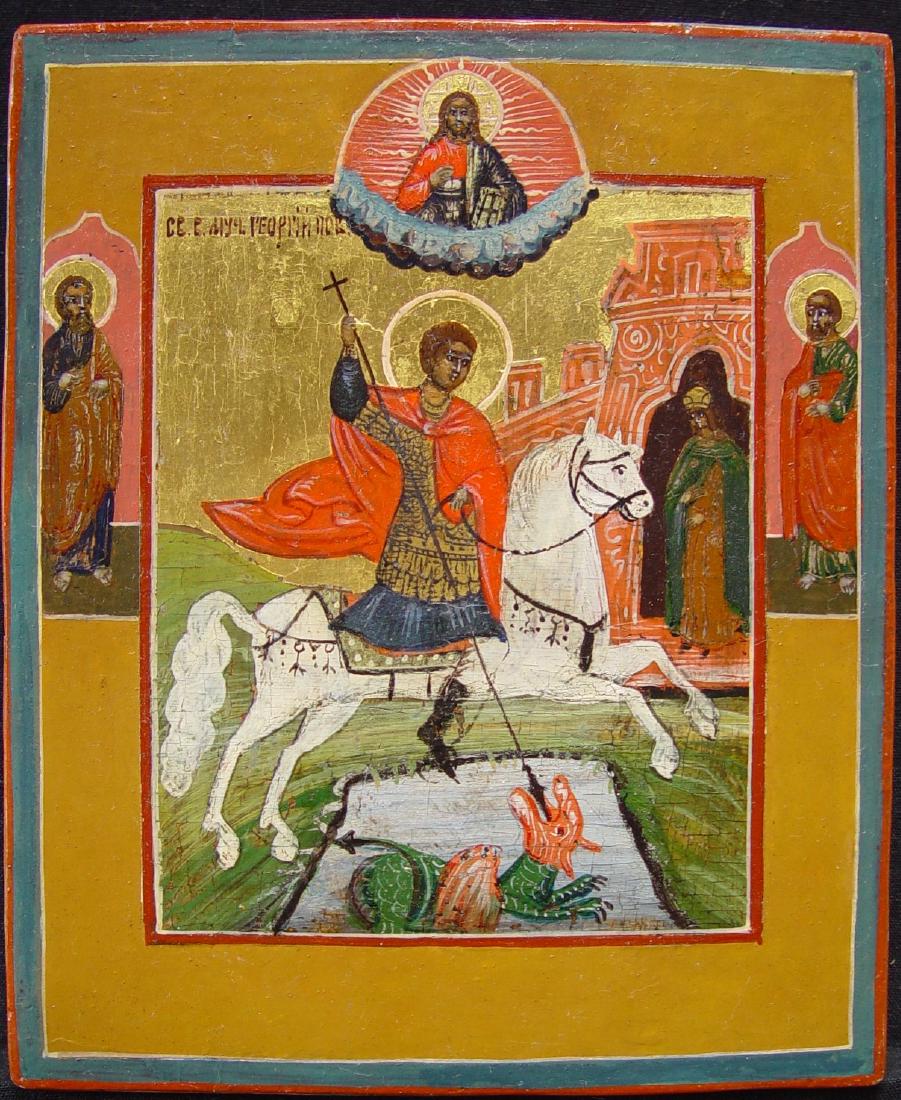 Saint George: Title: Saint George Origin: Russia / Moscow Date: 19th century Materials: tempera on wooden board Size: size 17.4 x 14.5 cm Additional Information: Saint George of Lydda (ca. 275/281 Â– April 23, 3
