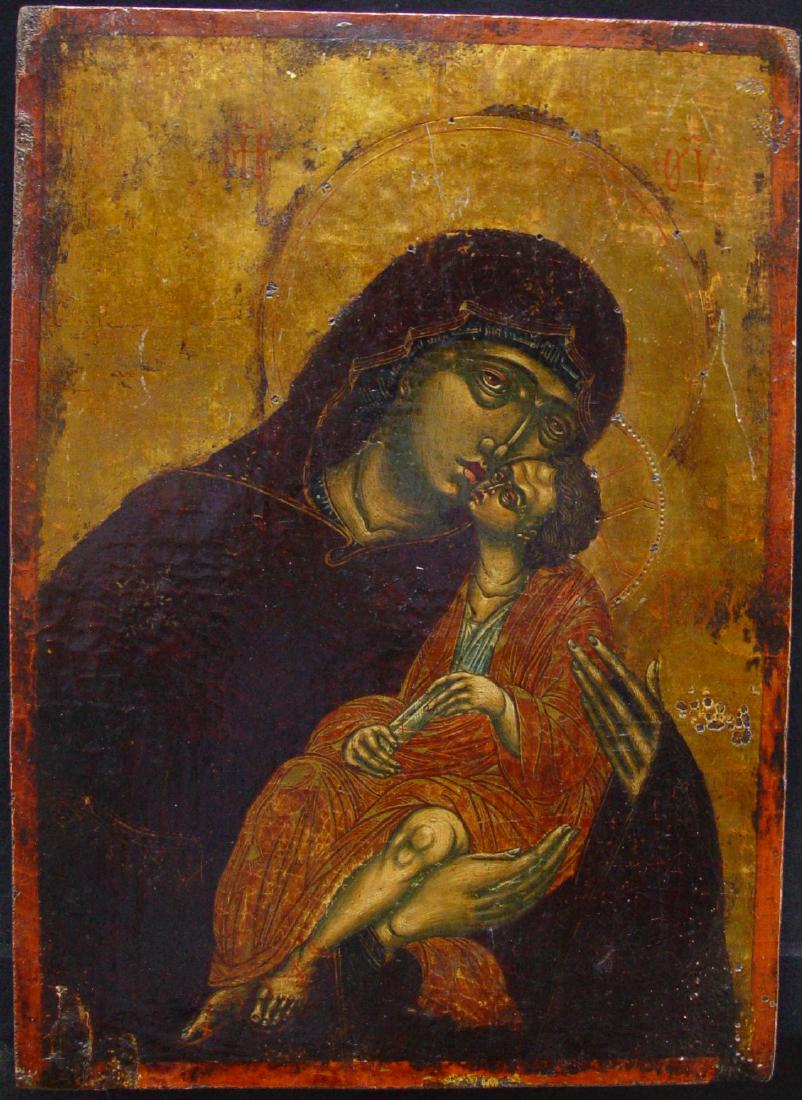 Mother of God of Eleousa, Greek: Mother of God of Eleousa, Greek, tempera on wooden board, size 38 x 27.5 cm, 18th century, In Greek, this type of Mother of God is called Eleousa, meaning ‘compassion’ or ‘pity’. On her right 