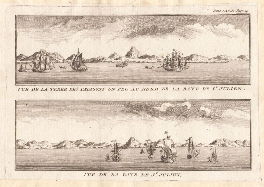 Bellin: Views of Patagonia & San Julian Bay, Argentina: Map Title: Vue de la Terre des Patagons/Vue de la Baye St. Julien Cartographer: Bellin Place/Date: Paris / 1754/1760 Size: 6 1/2" x 4 1/2" (both views) Condition: b&w; light overall age toning; a spot
