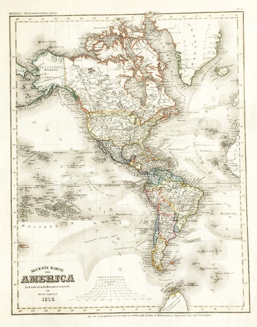 Radefield: The Americas, 1856: Map Title: Neueste Karte von America Cartographer: Bibliographischen Instituts. / Radefeld Place/Date: Hildburghausen / 1849/1857 Size: 11 3/4" x 15" Condition: original outline color; light overall a