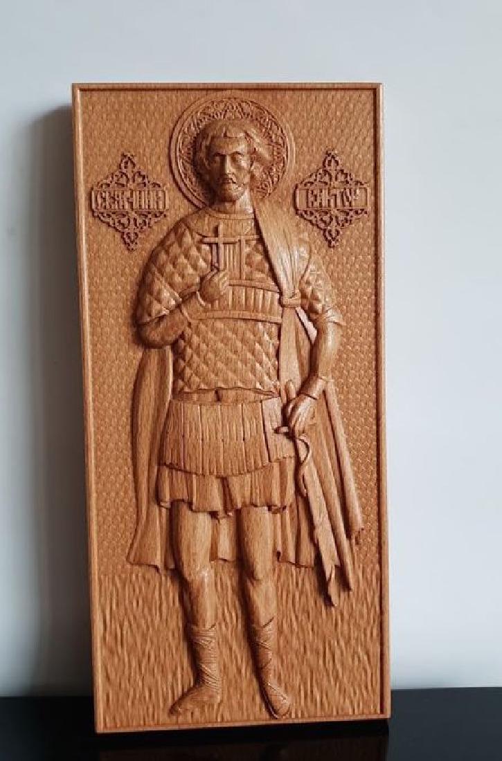 "Saint Victor Of Damascus" Russian Orthodox Carved Wood: Title: "Saint Victor Of Damascus" Russian Orthodox Carved Wood Icon Materials: Wood beech Additional Information: Absolutely wonderful work and beautiful hand carvings. Heavy wood beech. This wooden c