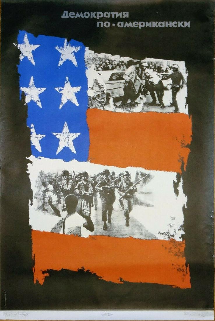 Russian soviet political propaganda poster 1967: Title: Russian soviet political propaganda poster 1967 Description: Original 1967 propaganda poster: "Democracy by Americans". Artist: G. Komoltsev. Published by: Soviet Artist, Moscow - 1967. Circula