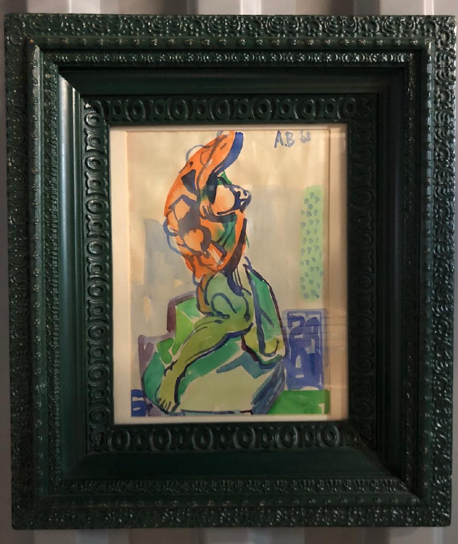 Man Posing: Title: Man Posing Artist: Andre Boratko Medium: watercolor on paper Dimension: 6.5"x9.25" green painted carved wood frame 13.5"x1.75"x15.5" Description:Andre Boratko Man Posing 1968 Watercolor on pape