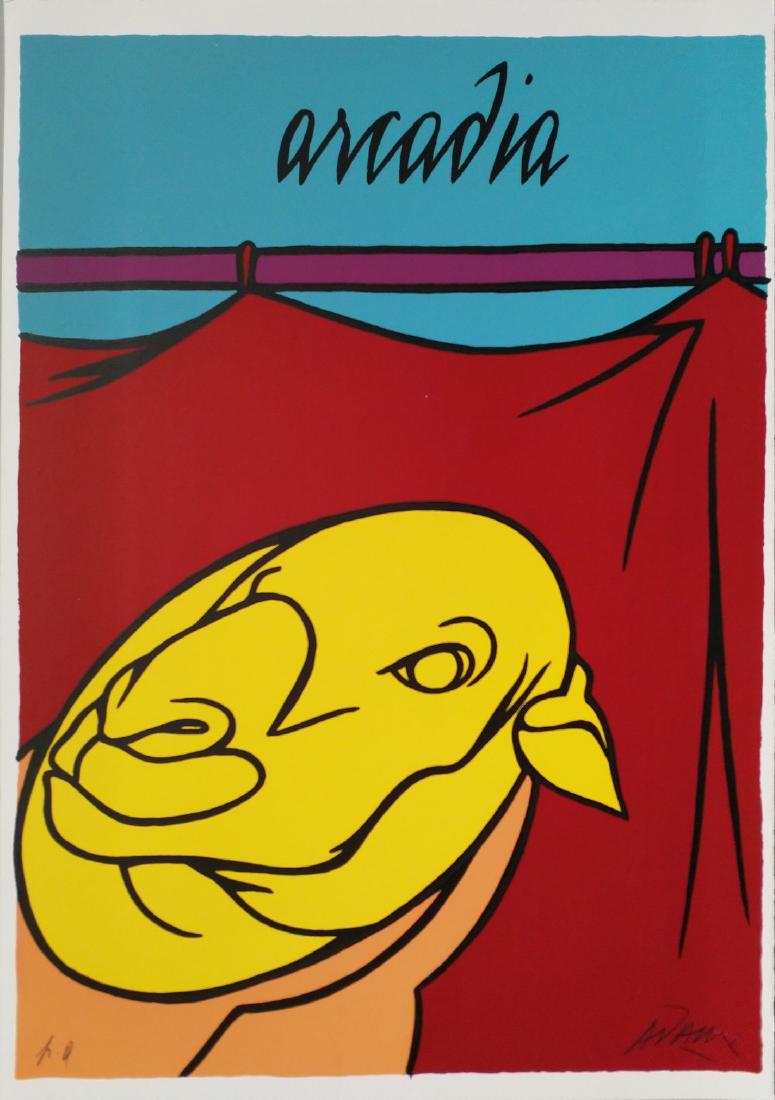 Valerio Adami - Untitled: No Reserve! Title: Valerio Adami - Untitled Date/Period: 80s Materials: Serigraphy on cardboard Dimensions: Cm 50 x 35 Description:VALERIO ADAMI (Bologna, 1935)ArcadiaSerigraphy on cardboardSigned in