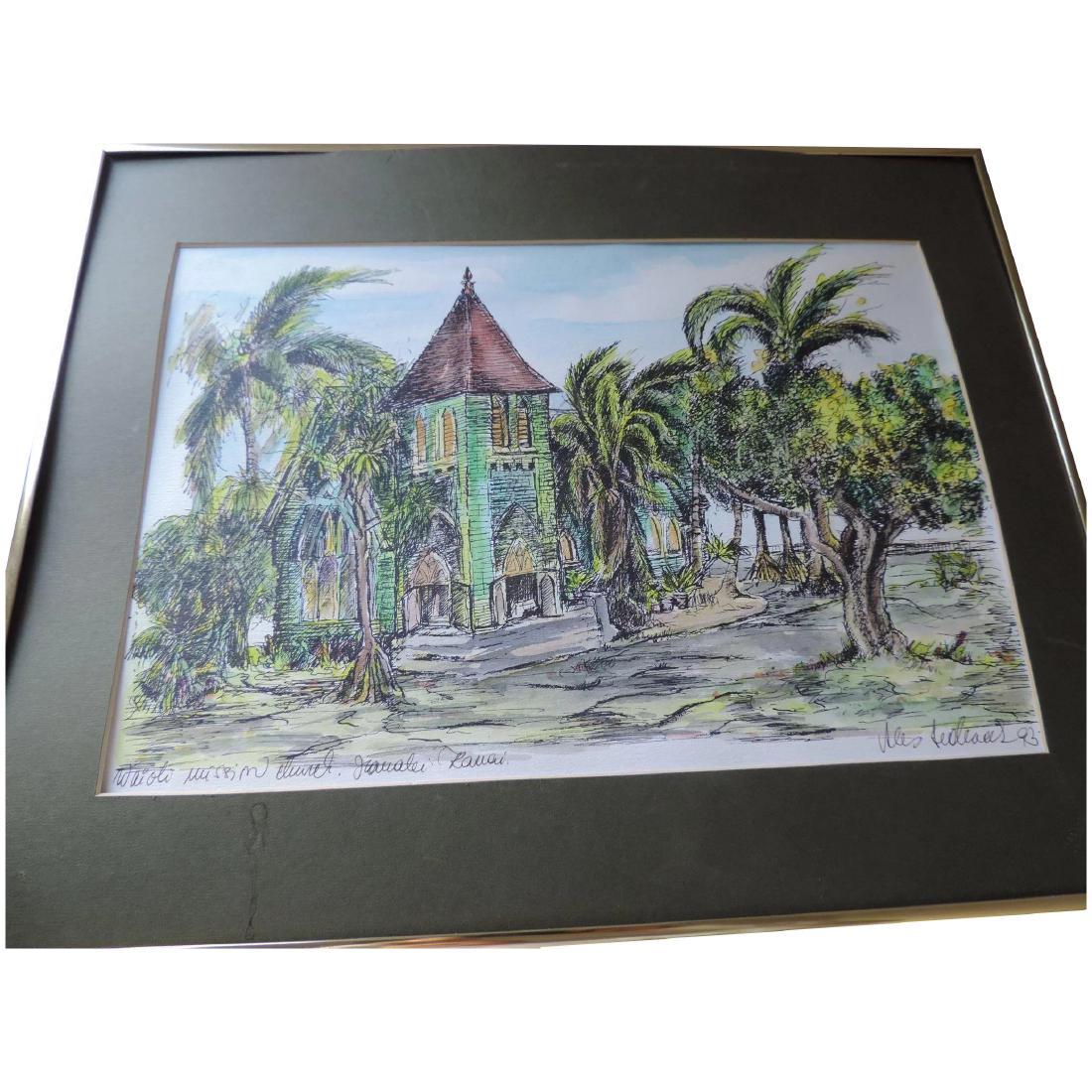 Ales Sedlacek Pen and Ink, Watercolor, "Waioli Mission: The Waioli Mission Church was drafted by well known Czech/American artist Ales Sedlacek. The pen and ink drawing respectfully, even lovingly, depicts the Gothic style church, and Mission, on Kawaii, s