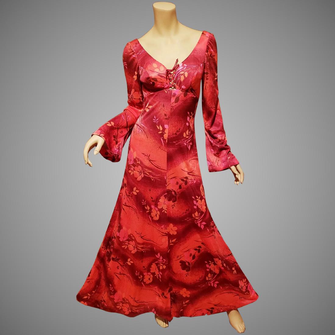 Vtg Sirena red orange floral Maxi dress open back bell (1 of 7)