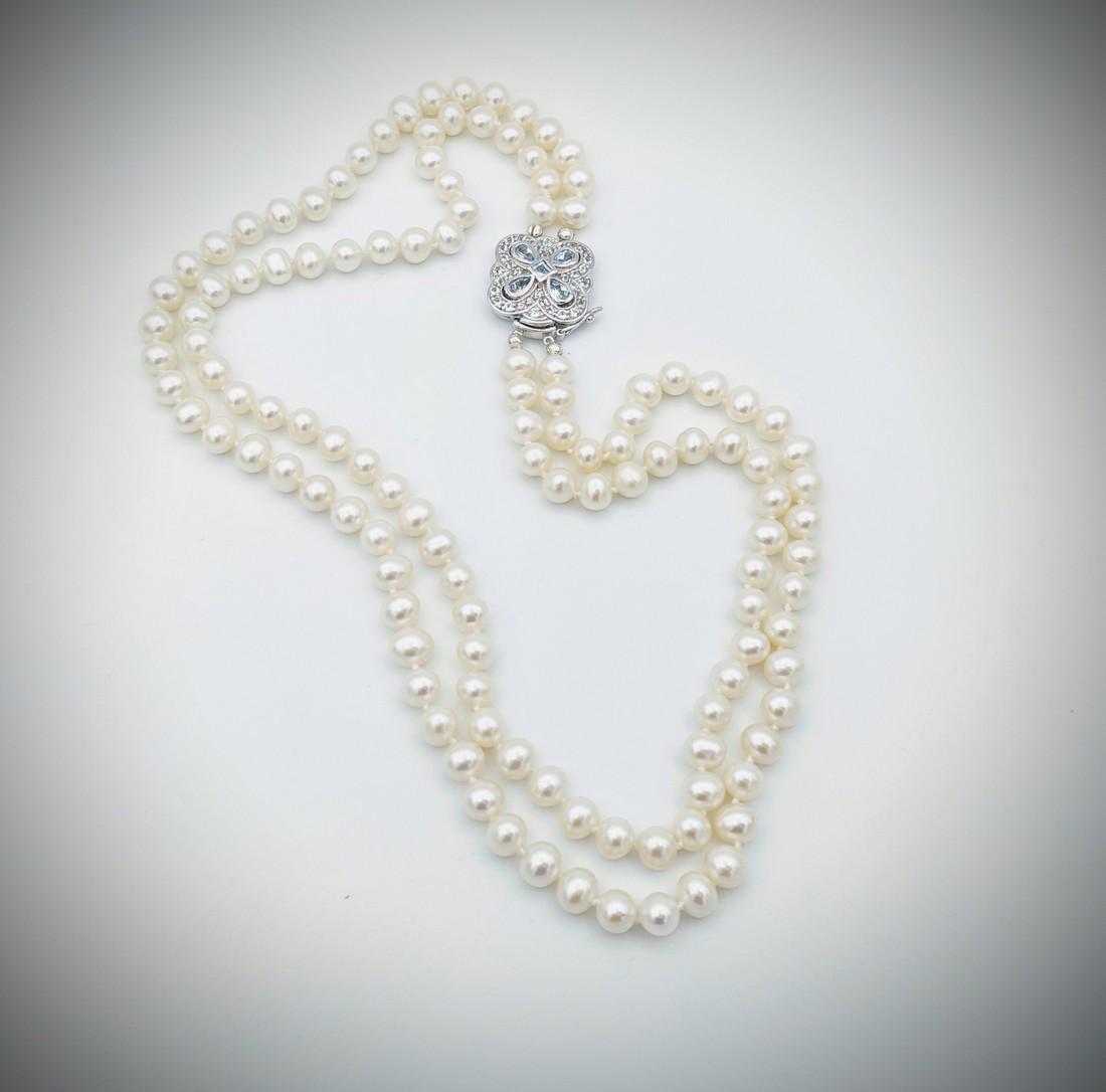 Sterling Silver Double Stranded Pearl Necklace w CZ & (1 of 3)