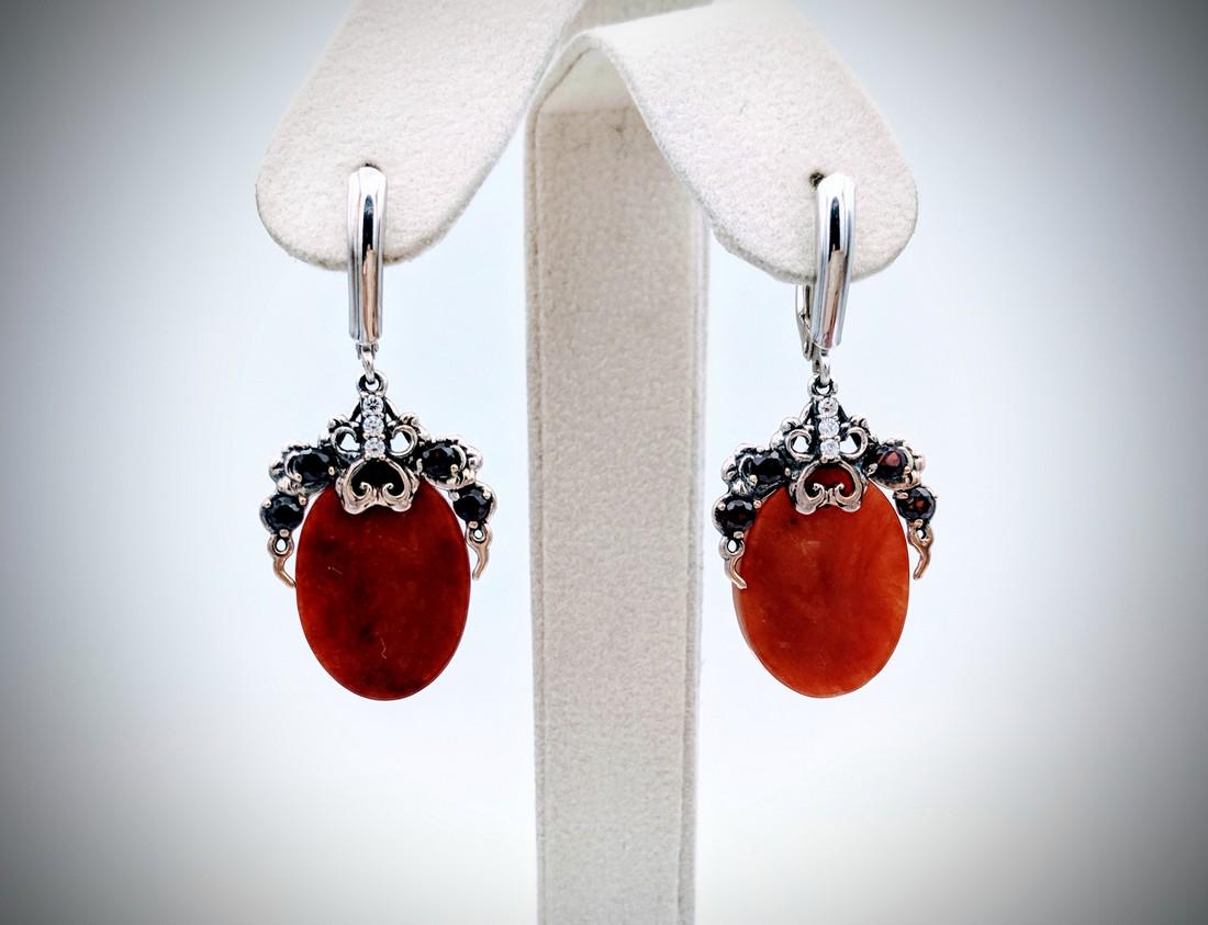 Sterling Silver Jasper Earrings w Red Garnet and CZs (1 of 3)