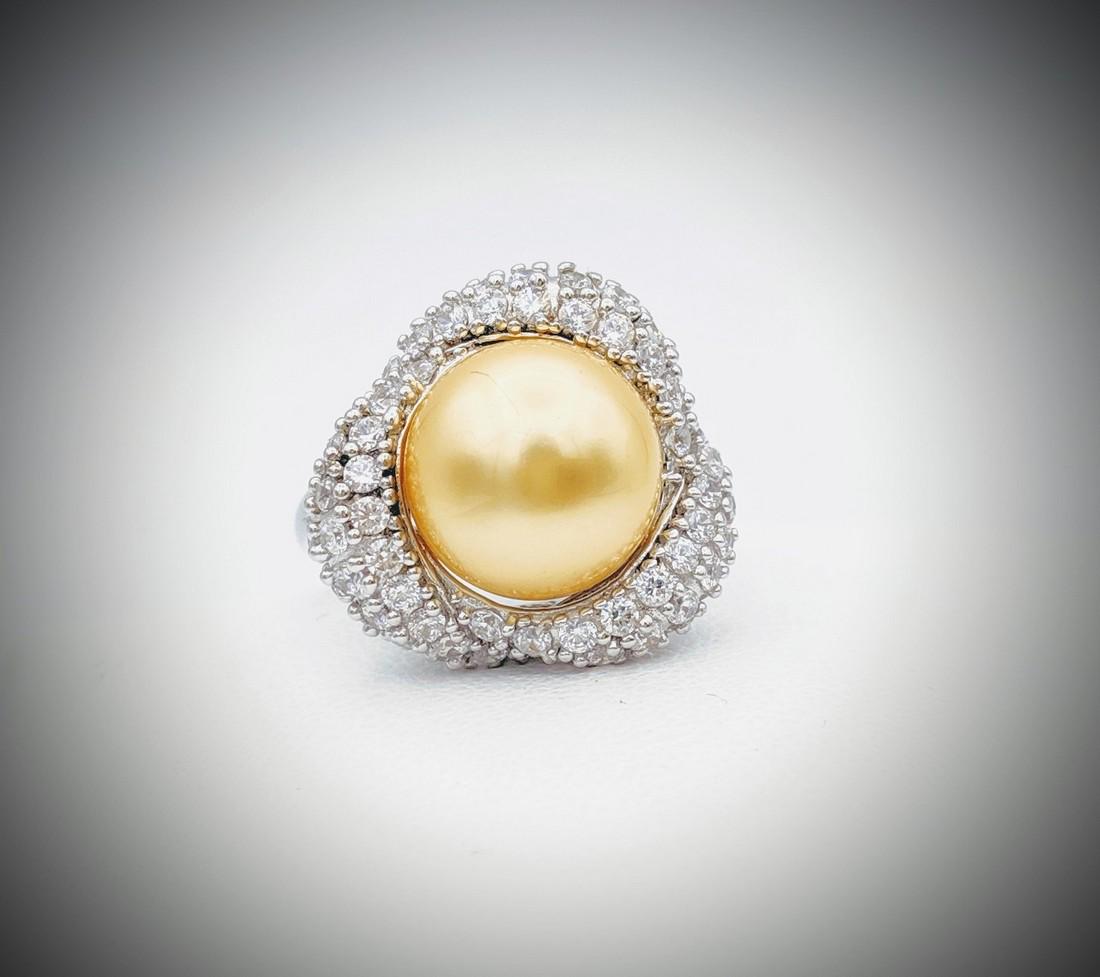 Sterling Silver Sz 8 Gold Pearl Cocktail Ring w CZs (1 of 3)