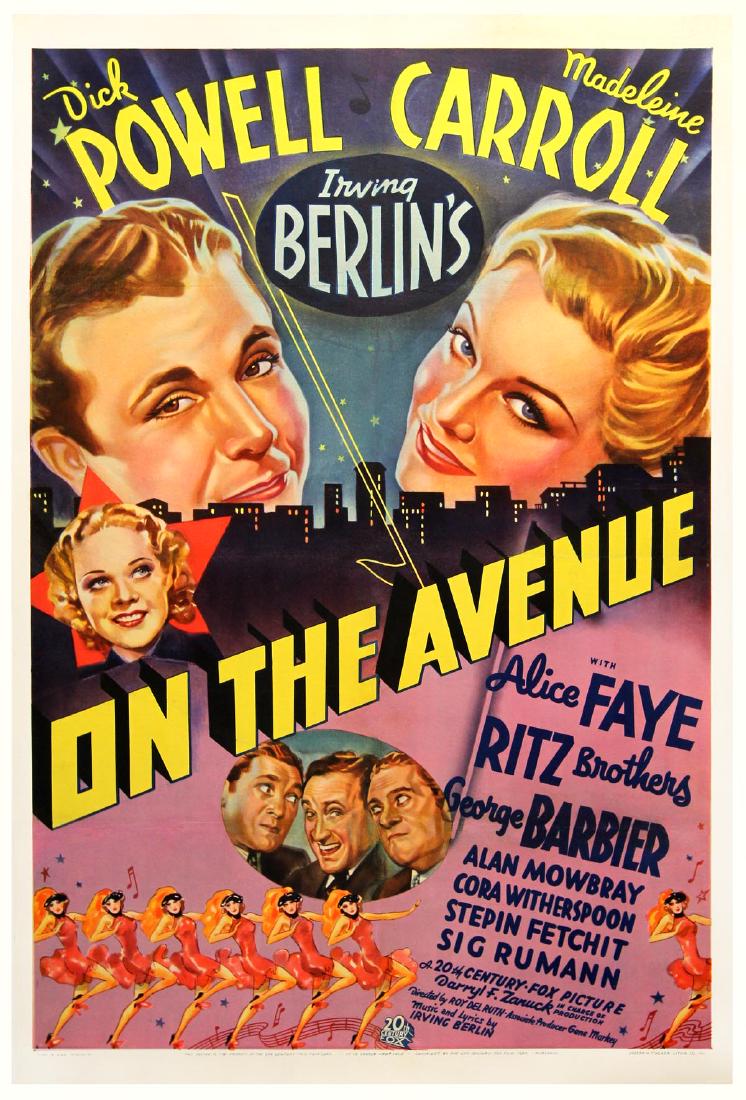 ON THE AVENUE '37 SPECTULAR FOX STONE LITHO MUSICAL ONE: Vintage original 41 x 27? (103 x 68 cm.) one sheet poster, USA. Dick Powell, Madeleine Carroll, Alice Faye, The Ritz Brothers, George Barbier, Alan Mowbray, Cora Witherspoon, dir: Roy Del Ruth; Twenti