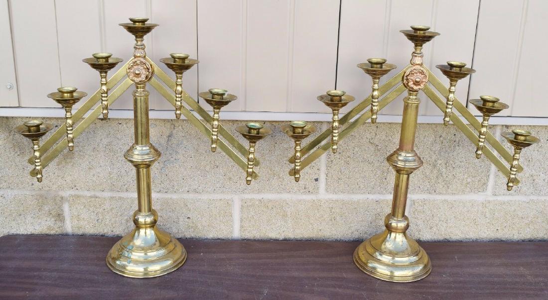 Pair of Brass 7 Light Altar Candelabra Candlesticks +: Here is a nice pair of brass 7 light Altar Candelabra Candlesticks as shown + Fully Adjustable + They are 20 1/2" tall (to middle socket) and 19" wide + 7/8" Sockets + Ready to use in your church or c