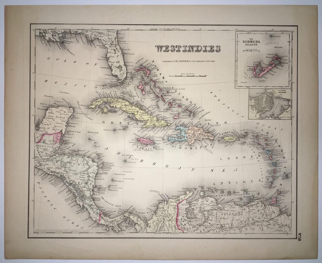 West Indies: Title: West Indies Publication Date: 1857 Cartographer: COLTON, J.H. Publisher: J.H. COLTON & CO. Size: 11.8Height - 14.8Width Map showing towns, bays, topography, railroads (Cuba) and covers from the